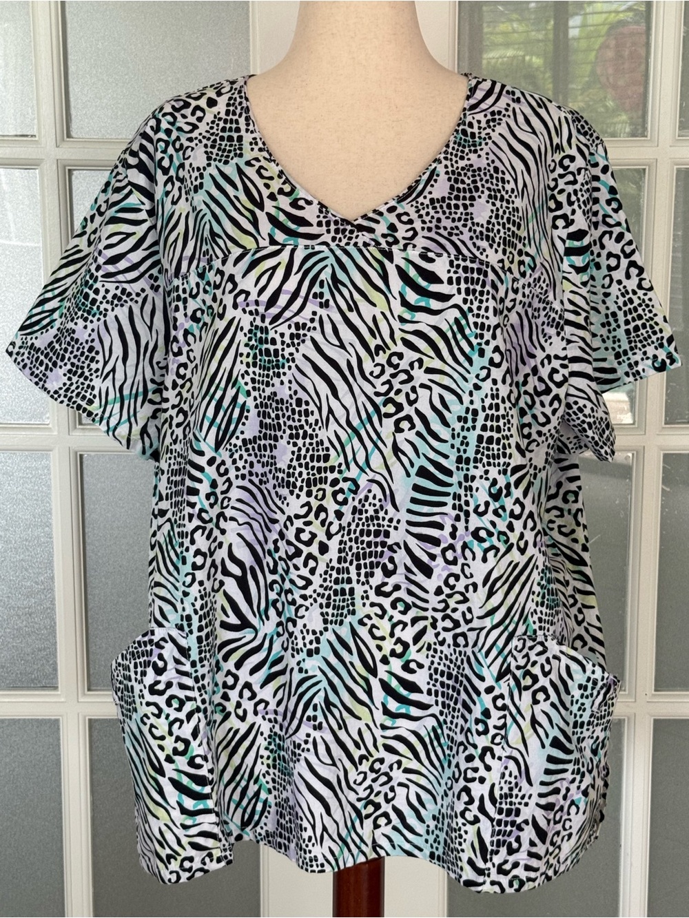 ScrubStar 3X Animal Print Scrub Top Zebra Leopard Print Cotton V Neck